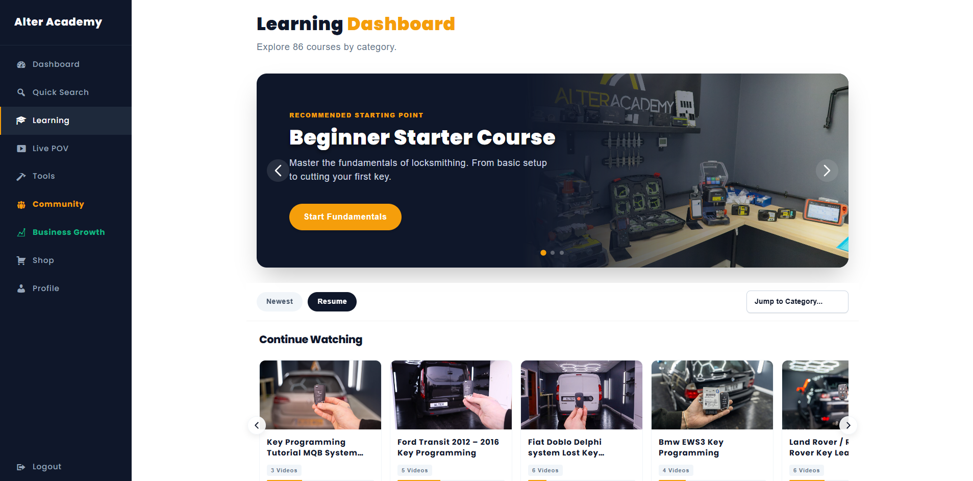 Online Locksmith Academy Dashboard