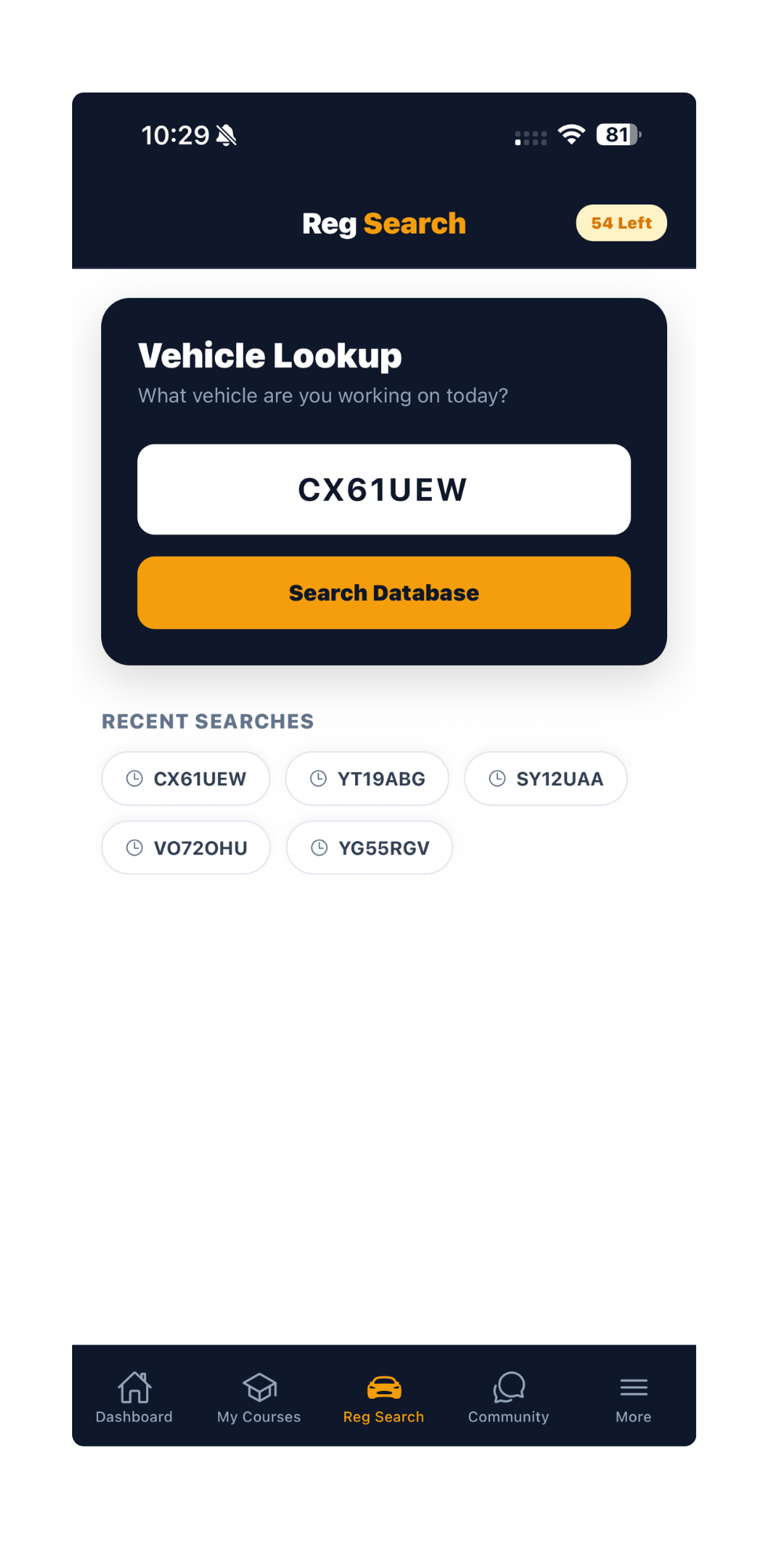 Reg search app screen