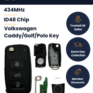 Volkswagen Caddy / Golf / Polo - Aftermarket 3 Button Flip Remote Key - 5K0837202AD - 434MHz, ID48, HU66