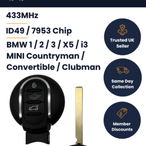 BMW 1 / 2 / 3 / MINI Countryman / Convertible - 3 Button Chip Smart Key - IDGNG1 - 433MHz, ID49, HU100