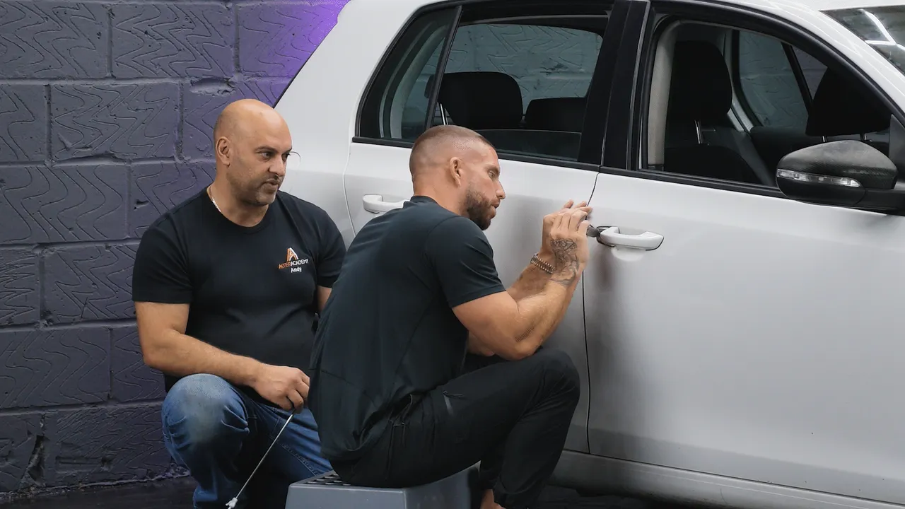 A trainer crouches beside a student as he picks a car door lock, then laughs with him