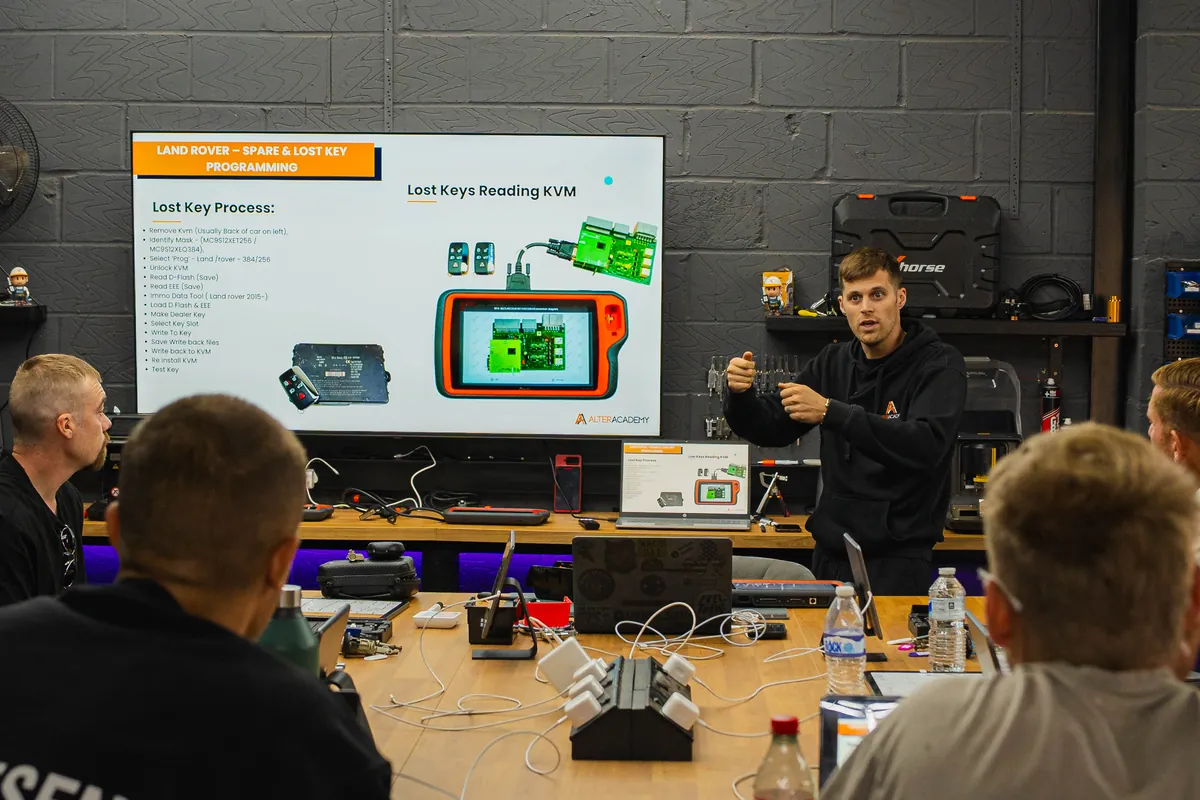 Tyler teaches the class the lost key process on the big screen
